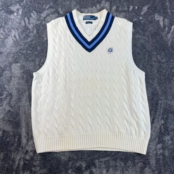 Vtg Polo Ralph Lauren Cricket Cable Knit Sweater Vest Tennis Logo Sleeveless XL - Picture 1 of 12